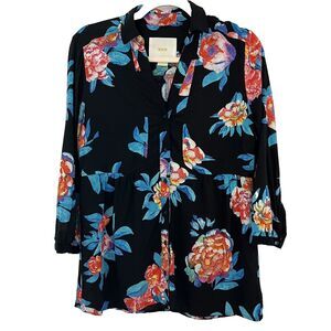 Anthropologie Maeve Woodland Walk Blouse Size 4 Black Tropical Floral Button-Up